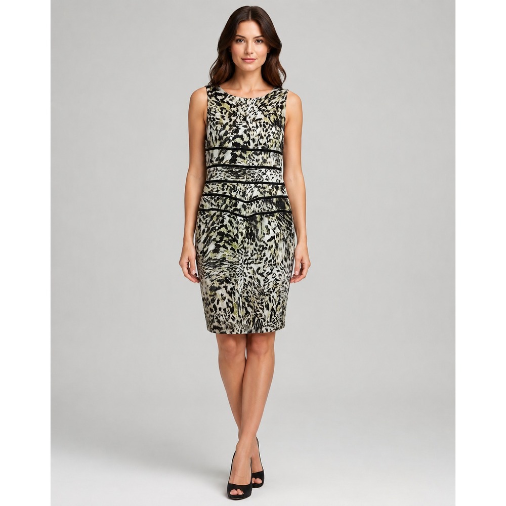 Ann Taylor Women 6 Sheath Dress Animal Print Olive Green Velvet Trim Sleeveless